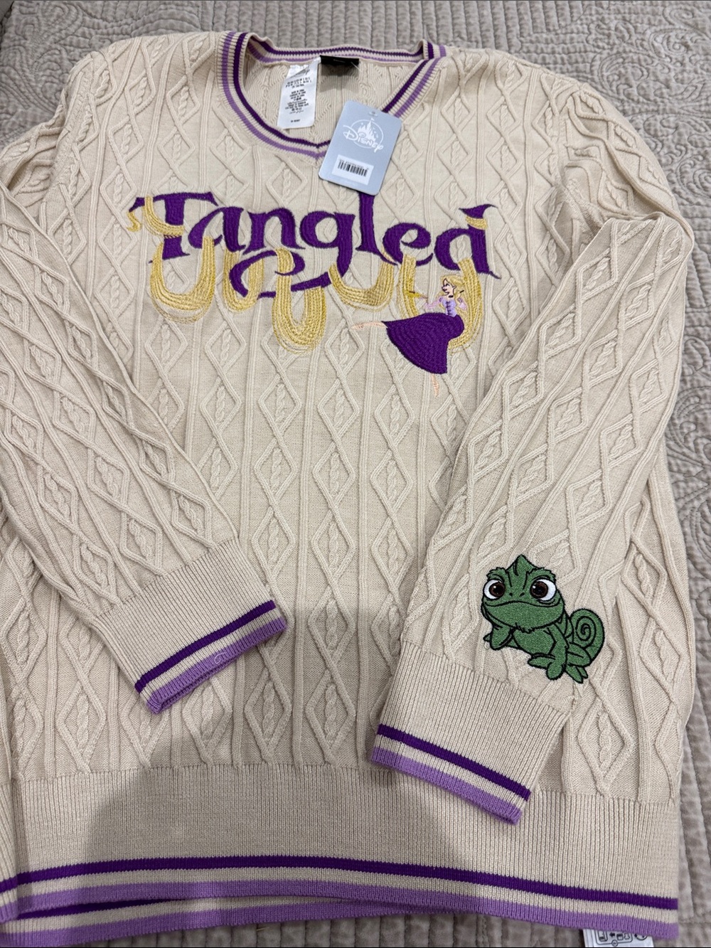 Disney Cream Cable-Knit Tangled Sweater with Purple & Green Accents